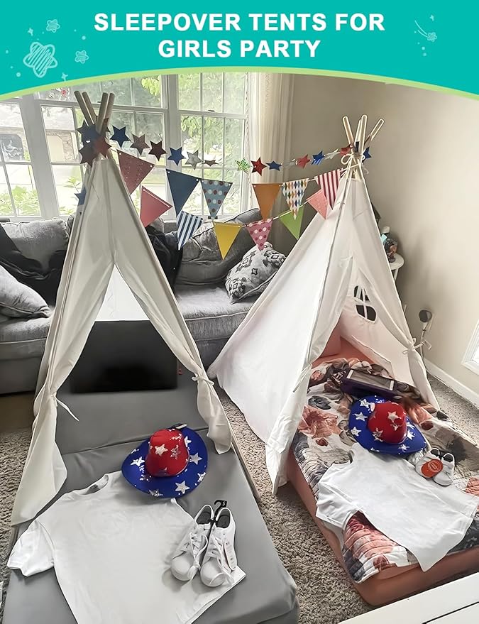 Teepee Tent for Kids Sleepover Party 2 Pack: Inflatable Airbed & Star Lights & Colored Flag - Indoor Outdoor Toddler Play Tent for Girls Boys Birthday Gifts Slumber Party (White)