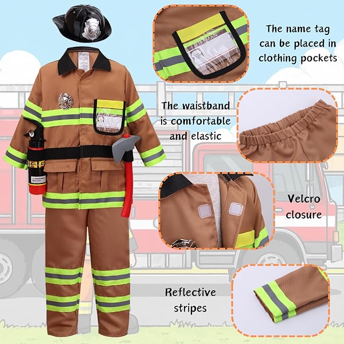 yolsun Fireman Costume for Kids, Boys' and Girls' Firefighter Dress up, Fire Fighter with Toy Accessories Halloween Role Play