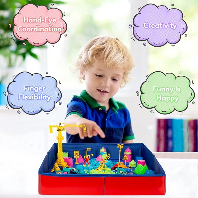 ThinkMax Sand Kit for Kids - 3lbs Sand, 6 Mini Construction Trucks, Toys, Signs, Castle Molds, Tools, Foldable Box and Storage Bin Tote - 43PCS Set for Boys Girls
