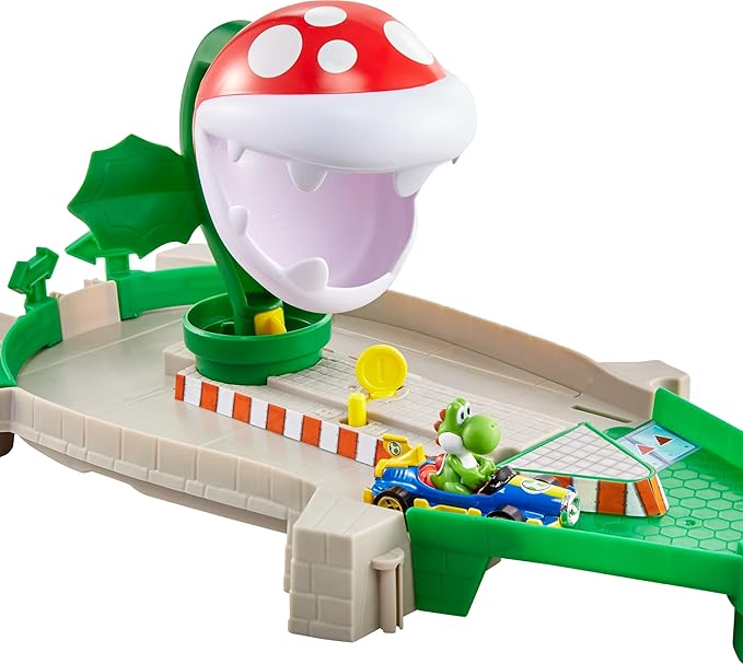Hot Wheels Mario Kart Track Set & Toy Car, Piranha Plant Slide Playset with First-Appearance Yoshi Kart Vehicle & Gravity Launcher
