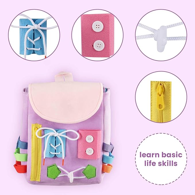 Busy Board - Toddler Backpack with Buckles and Learning Activity Toys - Develop Fine Motor Skills and Basic Life Skills - Learn to Tie Shoes - Children's Travel Toy (Purple)