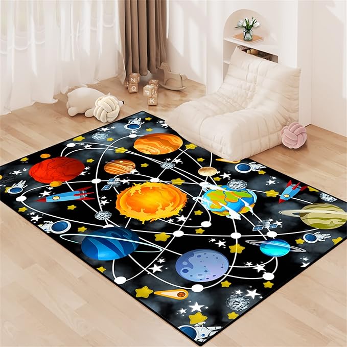 Universe Planet Area Rugs Outer Space Rugs for Boys Bedroom Educational Sofa Floor Mat Galaxy Solar System Theme Throw Rugs for Indoor Outdoor Carpets Crystal Polyester Mats Oversized, 4'5''×6'