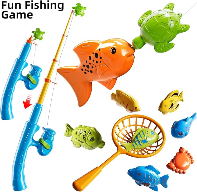 Magnet Fishing Toys Game for Kids 3-5 - Floating Fish Toys with Inflatable Kiddie Pool, Bath Toys for Toddlers, Pole Rod Net, Outdoor Party Toys for Boys Girls Kids Age 3 4 5 6 7 8 Year Old