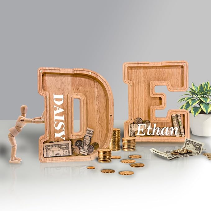 Personalized Wooden Letter Piggy Bank for Kids Larger Letter Piggy Bank for Boys and Girls Initial Coin Bank Customized Piggy Bank Perfect Wood Kids Money Bank for Birthday and Festival