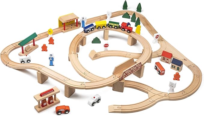 Wooden Train Set, Complete Toddler Train Set, Interactive Play & Learn Set, Creative Wooden Train Track Design, Premium Quality, Ages 3+ (80 Piece Set)