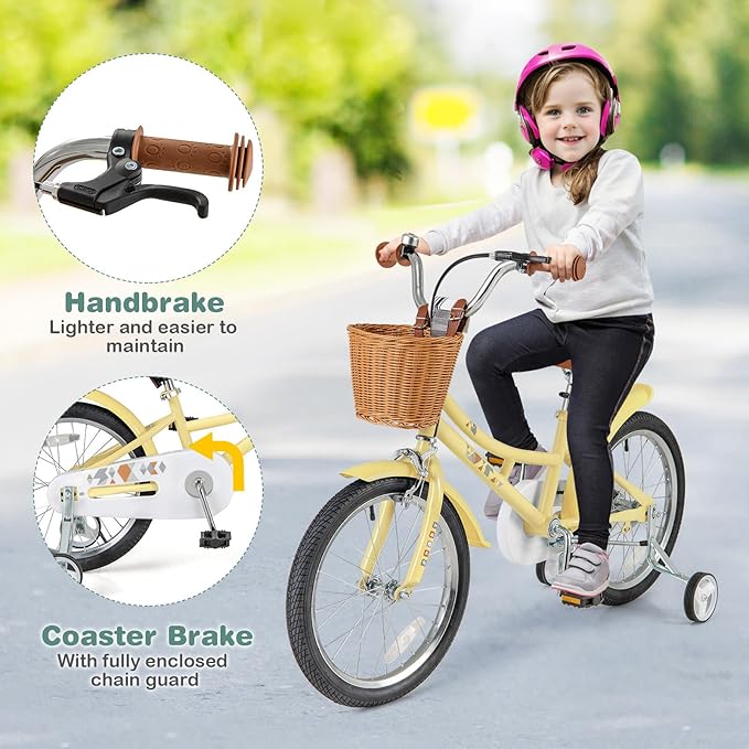 BABY JOY Retro Kids Bike, 12 14 16 18 Inch Child Bike for 3-8 Years Old w/Rattan Basket, Adjustable Height, Training Wheels, Fenders, Handbrake Coaster Brake, 95% Pre-Assembled Kids Bicycle for Girls