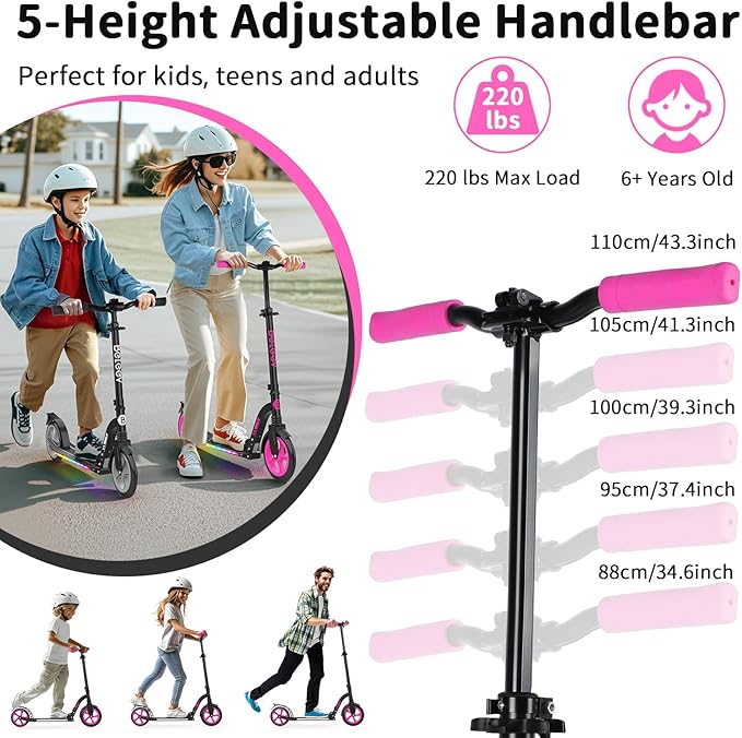 BELEEV V8 Scooters for Kids Ages 6+ with Light-Up Deck, 2 Wheel Folding Scooter for Adults Teens, 4 Adjustable Height, Lightweight Sport Commuter Scooter, Sturdy Frame, Max Load 220 lbs