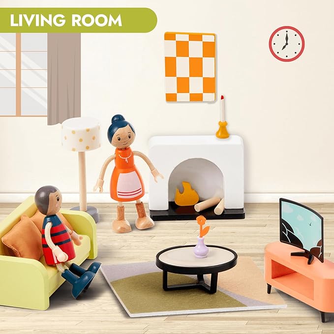Giant bean 27pcs Green Wooden Plastic Dollhouse Furniture, Modern Living Room Bedroom Set, Dollhouse Accessories Pretend Play Furniture Toys for Boys Girls Kids & Toddlers 3+