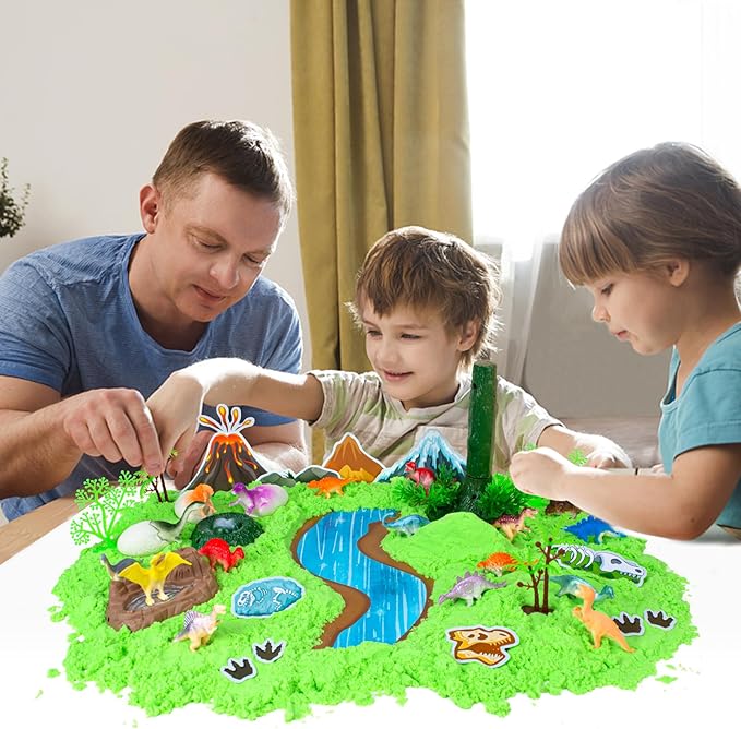 Dinosaur Sensory Bin Toys for Kids, 49Pcs Dinosaur Sandbox Play Sand Kit with 2.2lbs Magic Sand, Dino Figures, Forest Scene Models, Shovel, Preschool Toddler Activities Birthday Gift for Age 3-8
