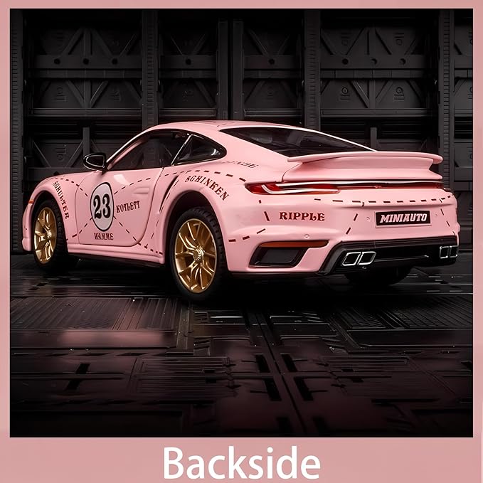 Toy Car Model Porsche 911 Turbo S Car Ornaments, Alloy Diecast Car Toy with Display Base, Pull Back Car Toys with Light & Sound for Kids Age 4-8 Girls Gift Pink