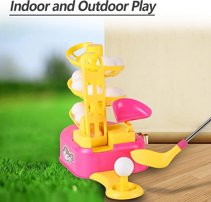 iPlay, iLearn Girls Pink Golf Toys Set W/Left & Right Club Head, Kids Outdoor Sport Toy Age 3-5, Toddler Indoor Golf Ball Game, Child Active Exercise Yard Play Birthday Gifts for 4 6 7 8 Year Olds Boy