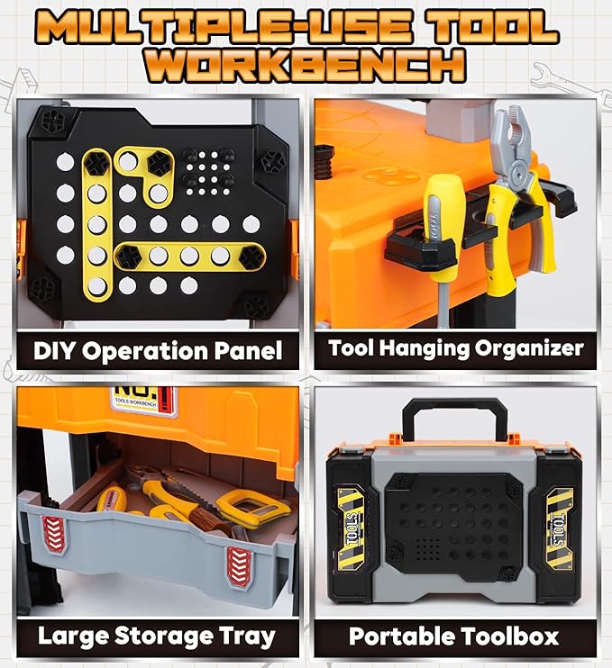 Lehoo Castle Toddler Tool Bench with Electric Drill & Take Apart Construction Vehicles, 2-in-1 Workbench & Toolbox for Kids, Toy Tool Set for Toddlers Age 3, Birthday Festival Gift for Boys & Girls