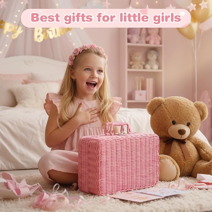 Porcelain Tea Set for Toddlers, Tea Party Set for Little Girls, Pink Floral Teapot Cup Saucer Carry Case, Princess Party Pretend Play Kids Toys, Toddler Girl Birthday Gifts Age 3 - 8 Years Old