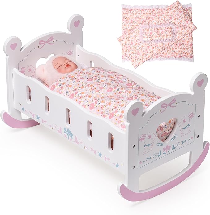 ROBOTIME Wooden Baby Doll Crib, Doll Cradle Bed for 18-24 Inch Dolls, Baby Doll Crib Set with Blanket and Pillow, Toy Doll Bed for Girls Ages 3+