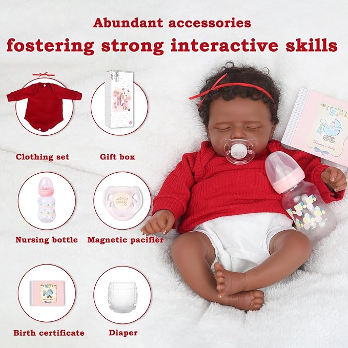 CHAREX Realistic 18 Inch Reborn Baby Doll - African American Sleeping Newborn Handcrafted Lifelike Black Skin Perfect for Kids Aged 3 and Up with Accessories
