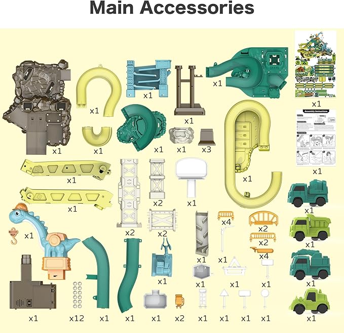 66PCS Dinosaur Engineering Adventure Track Set for Kids 3+,Electric Climbing Ladder Rotating Crane, Interactive Construction Playset with Music, 4 Mini Cars & 2 Dinosaur Figures, Ideal Gift