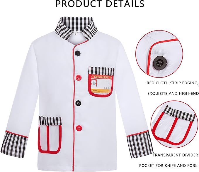 Kids Chef Costume Pretend Chef Outfit Restaurant Dress Up for Cooking Playing, Halloween