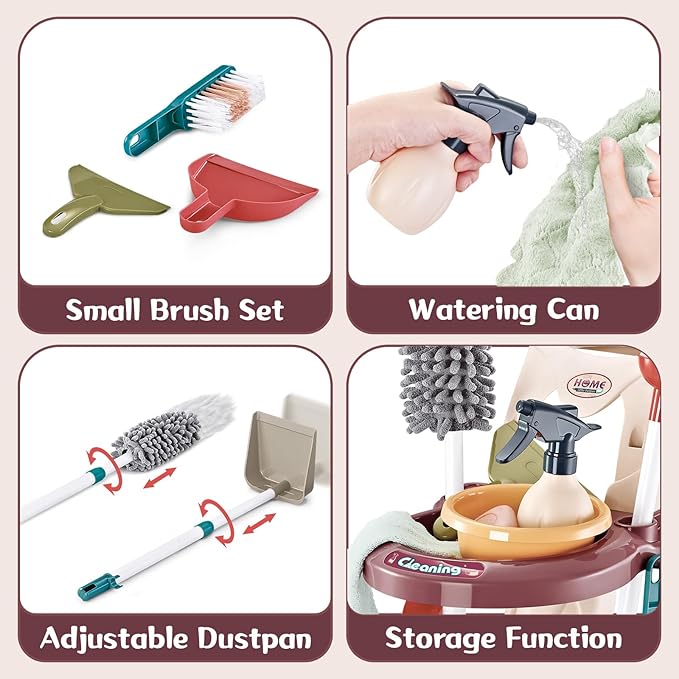deAO Kids Cleaning Set,Pretend Play Detachable Housekeeping Cart with Broom,Dust Pan,Spray Bottle Children House Cleaning Tools Toys,Educational Toddler Cleaning Carts