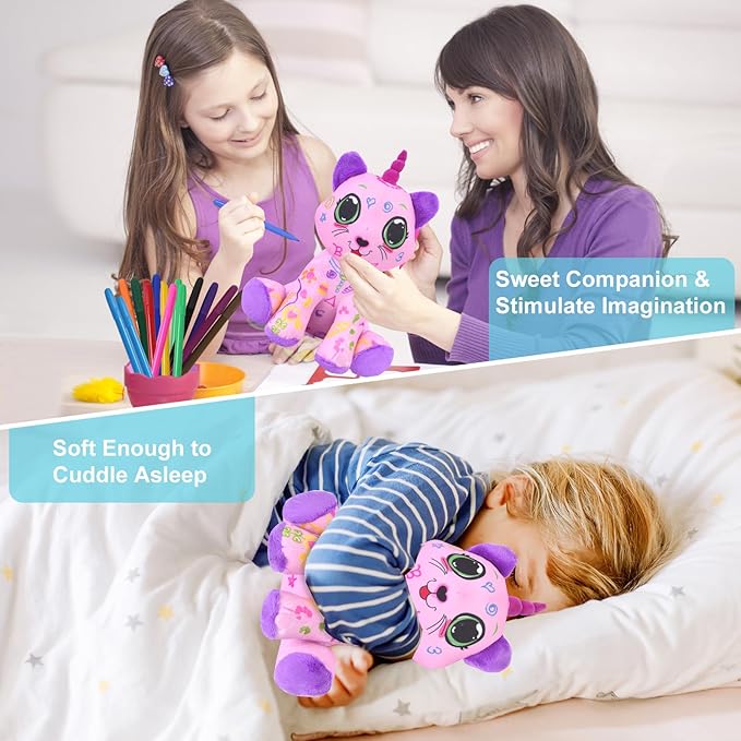 Coloring Plush Toy with 12 Washable Markers for Little Girls Doodle Dolls Arts and Crafts Soft DIY Washable Doodle Stuffed Animal Toy for Kids Ages 4-6 Birthday (Pink Cat)
