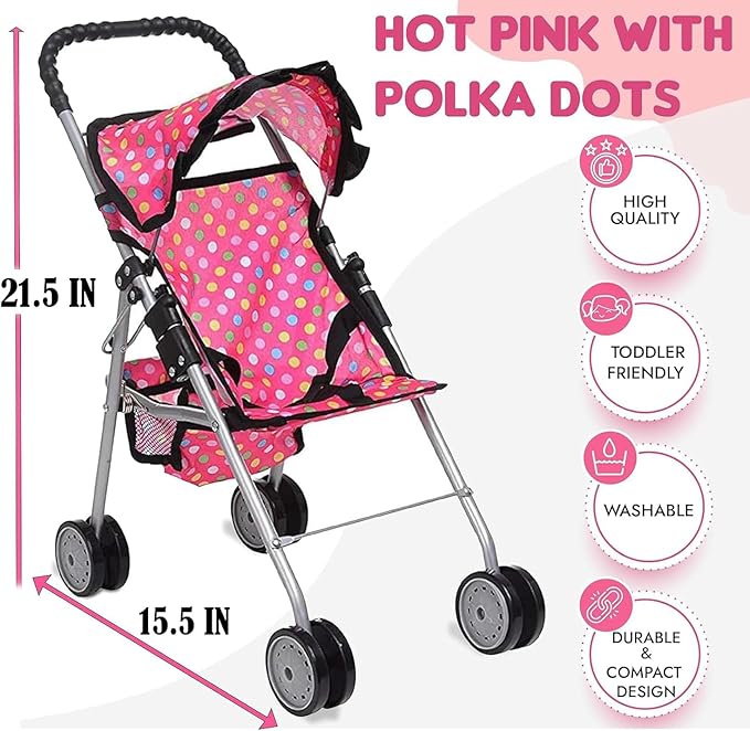 fash n kolor - My First Baby Doll Stroller - Pink Polka Dot Doll Stroller with Basket- Soft Grib Handle. Foldable with Hood Toy Doll Pram Baby Doll Accessories. With 2 Free Bonus Doll Bottles Included