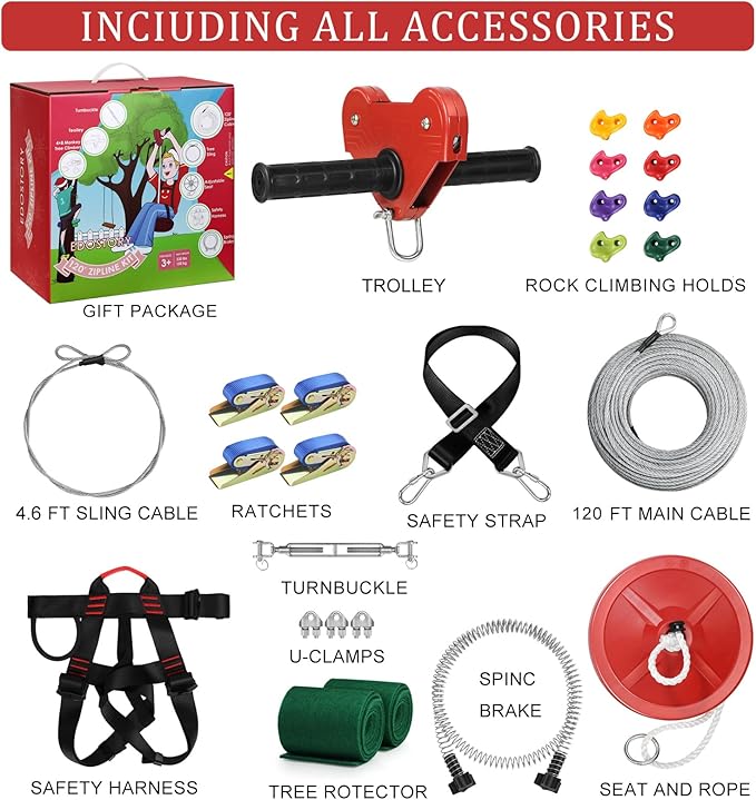 EDOSTORY 120 Feet Backyard Zip Line Kit for Kids and Adult Outdoor Up to 330lb Zipline with Spring Brake and Safety Harness with 4 Tree Climbers, Christmas and Birthday Gifts for Kids(Red)