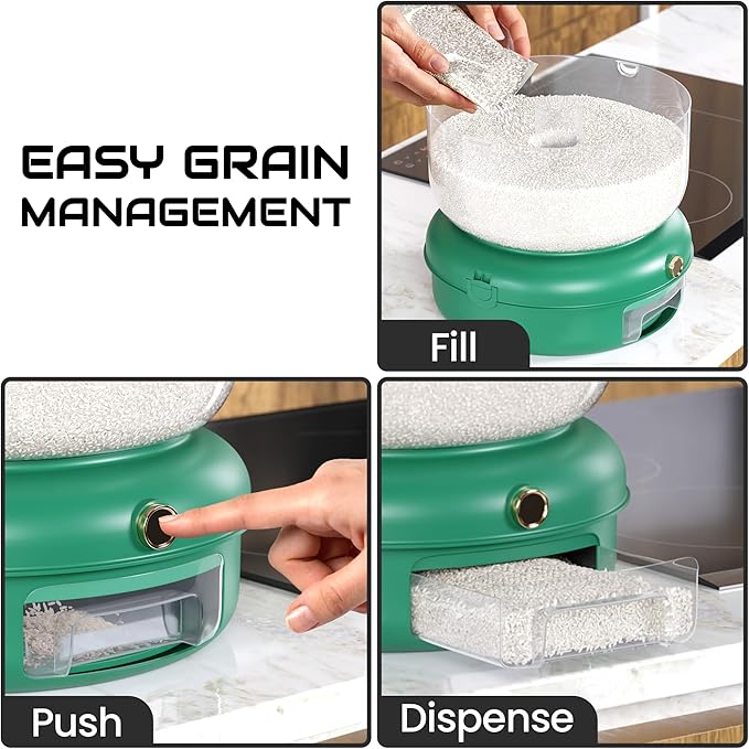 Airtight Rice Container Dispenser- Rotating Rice Dispenser with Strainer, 6 Grain Holding Options- Versatile Grain Storage Container for Pantry, Food Bucket for Cereal, Beans, Oatmeal (White)
