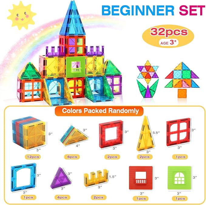 Magnetic Tiles for Kids Ages 3-5 4-8 STEM Educational Gifts Toys for 3 4 5 6 7+ Year Old Boys Girls Magnet Building Blocks Beginner Set Sensory Toddler Toys for Age 3-4 Christmas Birthday