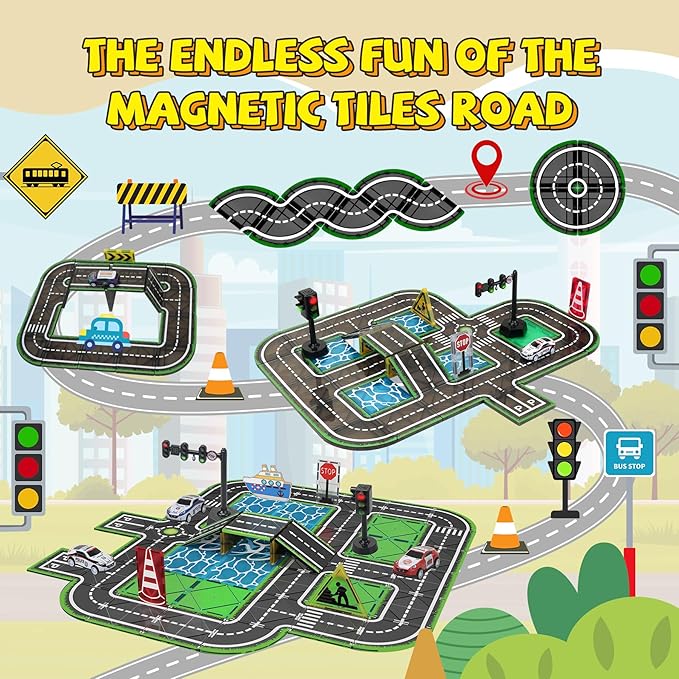 Magnetic Tiles Road Set with Pullback Car & Magnet Ship,Traffic Themed Magnetic Building Tiles Set with Traffic Light,STEM Magnet Tile for Kids Ages 3-5 4-8 5-7,Preschool Educational Kids Toys Gift