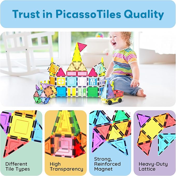 PicassoTiles Magnetic Tiles 61pc Magnet Tile Building Blocks Construction Sensory Toy Set with Storage Carry Case Drawstring Bag STEM Kids Learning Educational Pretend Play Boy Girl Ages 3+ & Up PT05