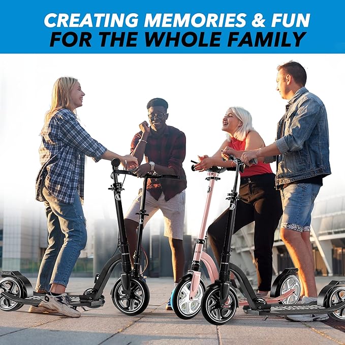 LaScoota Kick Scooter for Kids Ages 6+, Teens & Adults, Large 8" Sturdy Urethane Wheels. Adjustable Handlebar, Lightweight, Foldable, 220lbs Max Load