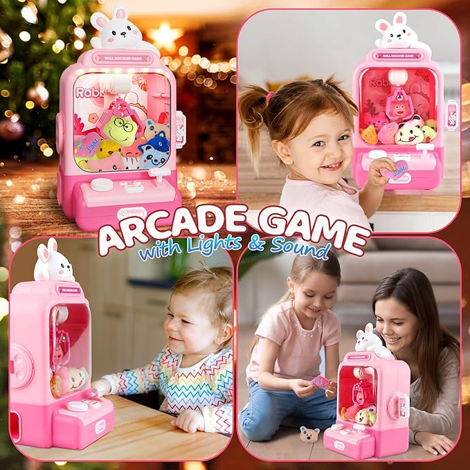 Claw Machine for Kids, Bunny Toy Glowing Arcade Game with LED Lights & Sound, Mini Rabbit Vending Machines Candy Grabber Prize Dispenser with Mini Plush Dolls, Home Party Easter Birthday Gifts