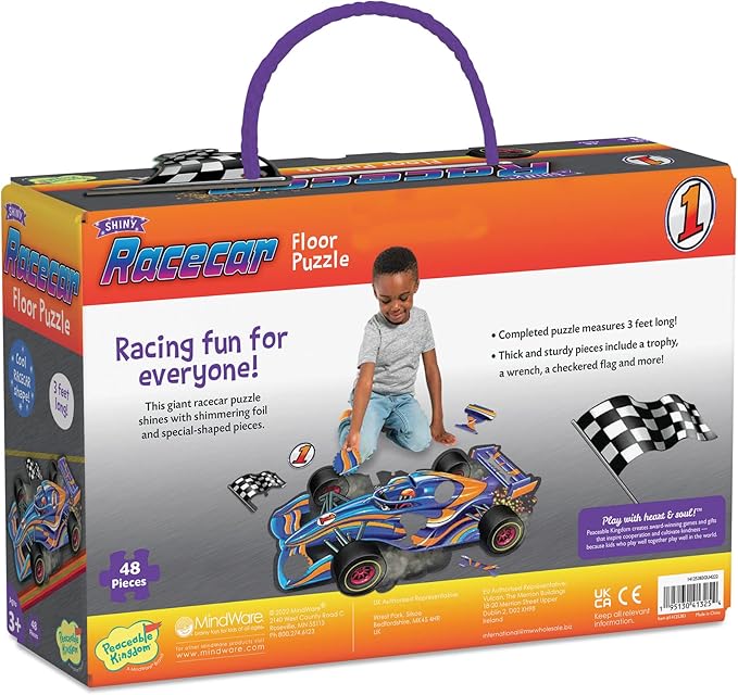 Peaceable Kingdom Giant Floor Puzzles with Uniquely Fun Shaped Pieces for Kids Ages 3+ Gifts for Boys and Girls - Racecar