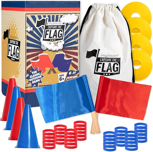Play Platoon Capture The Flag, The Traditional Original 20 Player Set with Real Wood Handle Flags - Outdoor Yard Game for Family, Kids and Teens - Cool for Boy Birthday Gifts, Family Reunions, & Field