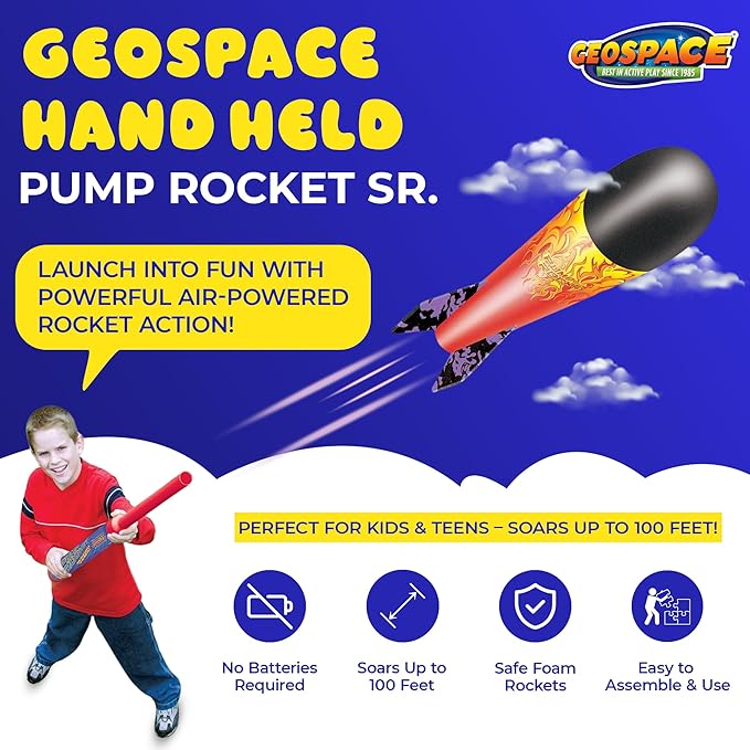 Geospace Hand Held Pump Rocket SR. Size (Single Pump) – Flying Foam Rockets Outdoor Toys for Kids, Boys & Girls – 36" Rocket Set – Hand Stomper Rockets Toy - Cool Toys for Fun