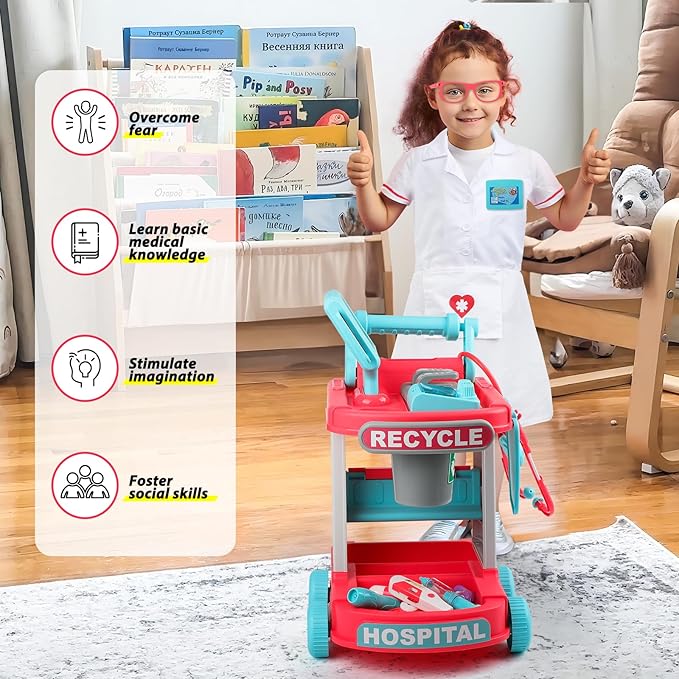 Liberry Doctor Kit for Toddlers Aged 2 3 4 5, Pretend Doctor Playset for Kids with Cart, Costume and Stethoscope, Role Play Medical Toy for Girls Boys (Red)