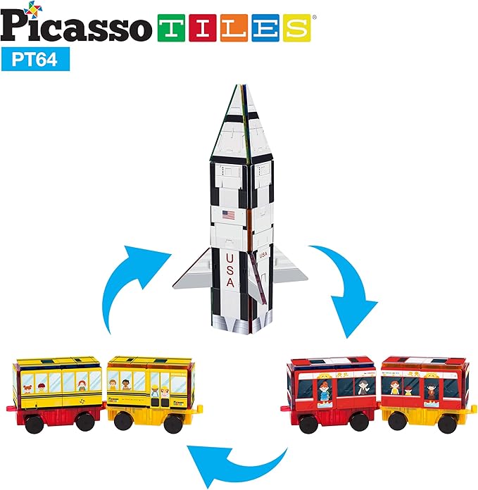 PicassoTiles Magnet Building Blocks STEM Learning Construction Toy Set Early Education Kit 3-in-1 Rocket, School Bus, Train Theme Stick-On Puzzle Pretend Play Magnetic Tiles Kids Building Block Toys