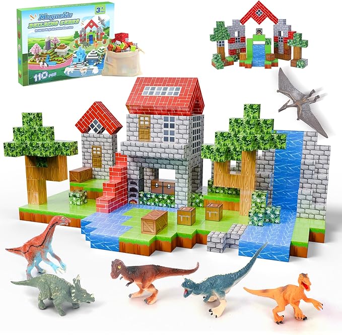 Magnetic Blocks 110PCS with 6 Dinosaur Toys, Building Blocks Set, Toys for Boys & Girls Age 4-6,6-8, Stacking Building for Toddlers Kids 3+(Jungle & Dinosaur)