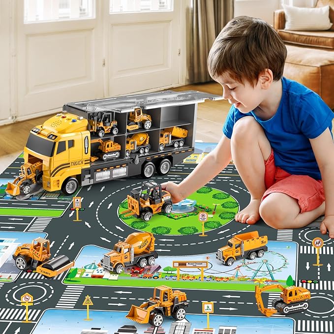 Toddler Boys Construction Truck Vehicle Toy Set with Play Mat, Die-Cast Toy Car Carrier Truck for Kids, Birthday Gifts for 3-8+ Year Olds