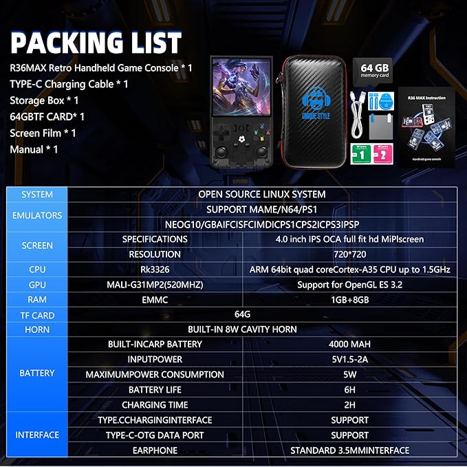 2025 New R36MAX Retro Handheld Game Console, 4.0 Inch IPS Screen Retro Gaming Console, 18000+ Classic Games, Linux System, 4000mAh Battery Portable Pocket Mini Arcade, Built-in 64G, Black