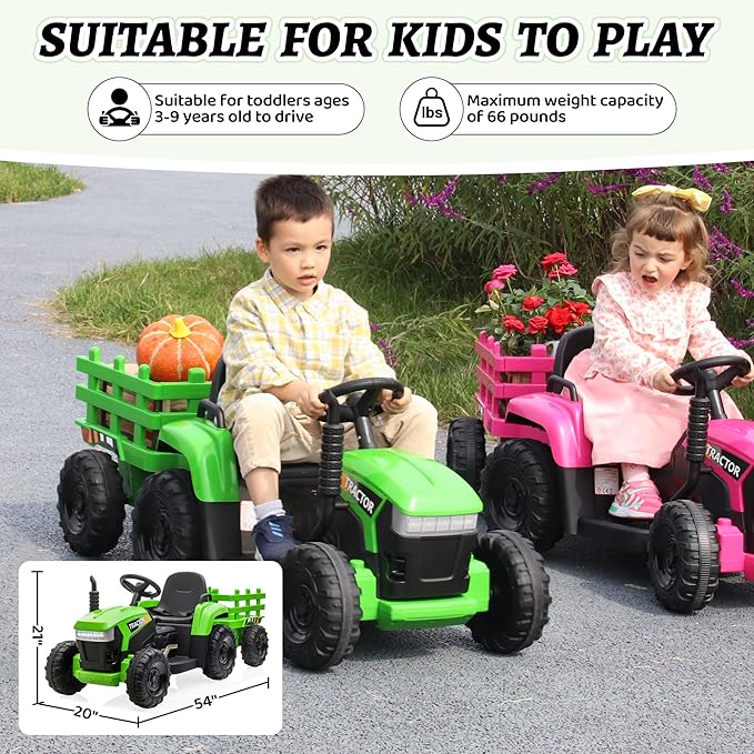 TOBBI Kids Electric Ride On Toy Tractor, 12v Battery-Powered 4 Wheels Ride On Car with Trailer, 35W Dual Motors/3-Gear-Shift/LED Lights/USB Audio Functions for Toddlers 3-6 Years-Green