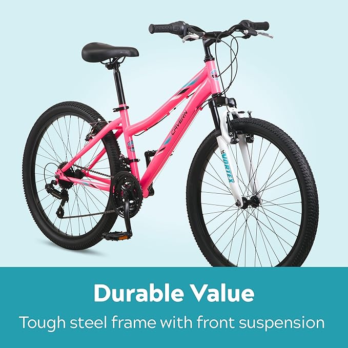 Cavern Mountain Bike for Youth or Adult Boys Girls, 7 or 21-Speed Twist Shifter Options, 20/24/26-Inch Wheels, 11 to 17.5-Inch Steel Frame, Front Suspension, Kickstand Included