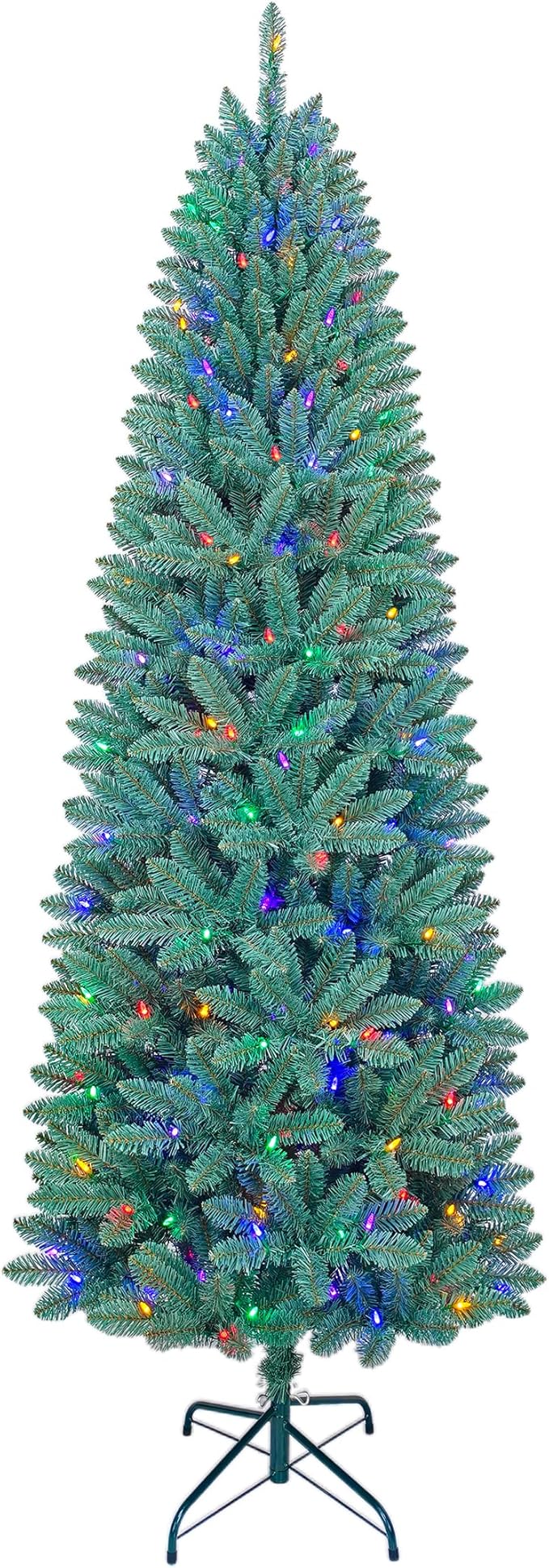 7.5FT Prelit Slim Artificial Christmas Tree with 843 Branch Tips, 250 Dual-Color LED Lights and Metal Stand, Realistic Skinny Pencil Blue Spruce Tree with Multi-Function Lights