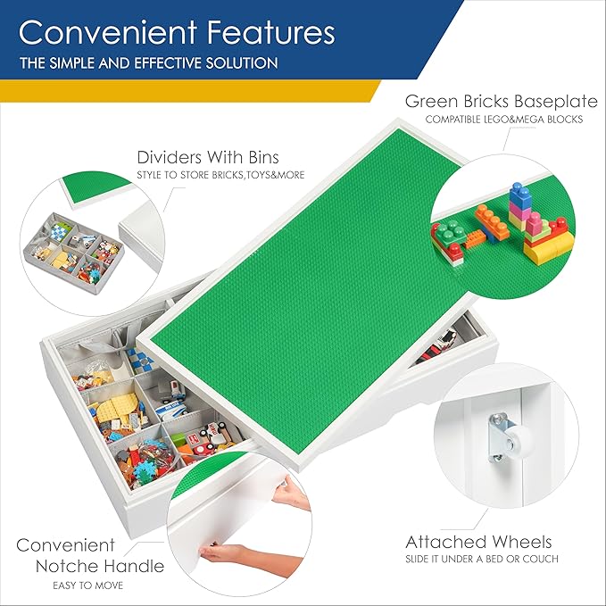 UTEX 3 in 1 Construction Play Table Compatible with Lego, Rolling Kids Activity Train Table with Storage and Wheels, Reversible Top Store Under Beds or Sofas
