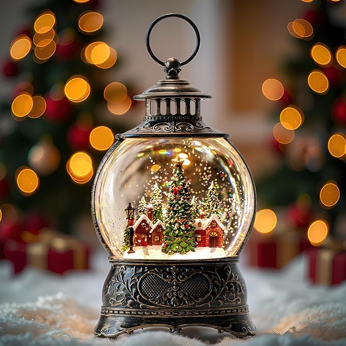 Christmas Snow Globes Water Lantern with Christmas Tree Village, Music & 6H Timer, USB Lined/Battery Operated Lighted Lanterns for Xmas Festival Decoration Gifts