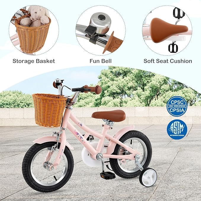 BABY JOY Retro Kids Bike, 12 14 16 18 Inch Child Bike for 3-8 Years Old w/Rattan Basket, Adjustable Height, Training Wheels, Fenders, Handbrake Coaster Brake, 95% Pre-Assembled Kids Bicycle for Girls