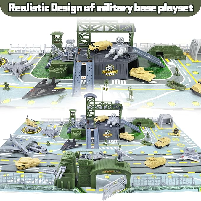 CORPER TOYS Military Base Set with Tank,Airplane,Fighter Jet,Mini Army Men Action Figures,Play Map with Vehicles Accessories Playset for Kids Gift for Birthday
