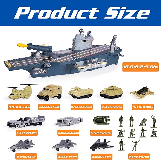 Military Aircraft Carrier Toys, Army Toys with 10 Vehicles, Fighter Jet Helicopter Tanks and Army Men Action Figures Toy for Kids Boys Girls