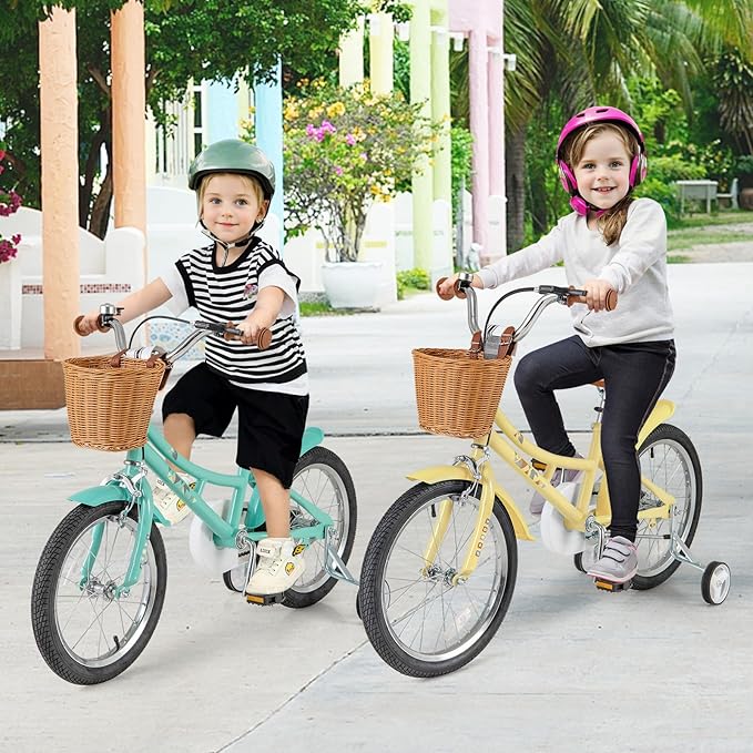 BABY JOY Retro Kids Bike, 12 14 16 18 Inch Child Bike for 3-8 Years Old w/Rattan Basket, Adjustable Height, Training Wheels, Fenders, Handbrake Coaster Brake, 95% Pre-Assembled Kids Bicycle for Girls