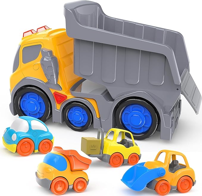 P&C 12.2" Toddler Construction Dump Truck Toys for Ages 2-4, Beach Sand Outdoor Toy Cars Dump Truck Set with Sounds and Lights for Kids 18M+, 2, 3, 4, 5, Ideal Birthday for Boys Girls