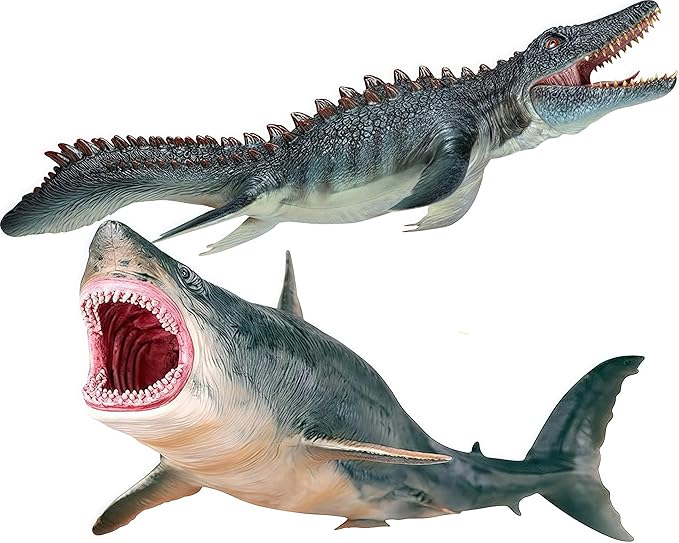 Gemini&Genius Mosasaurus and Megalodon Water Dinosaur Great White Shark Toys Set, Dinosaur with Sea Monster Set for Birthday Cake Toppers, Action Figure Toy Collections, Play or Display Toys for Kids